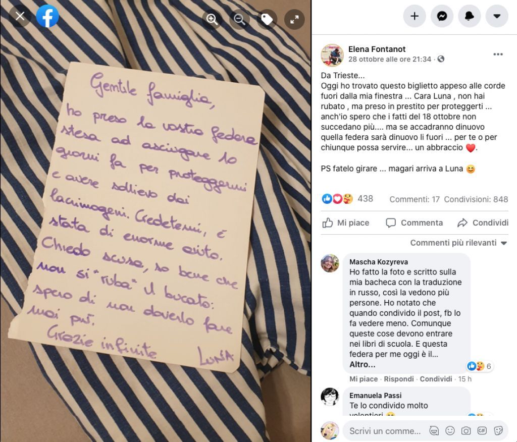 Prende la Federa per proteggersi dai lacrimogeni e con una lettera di scuse la restituisce