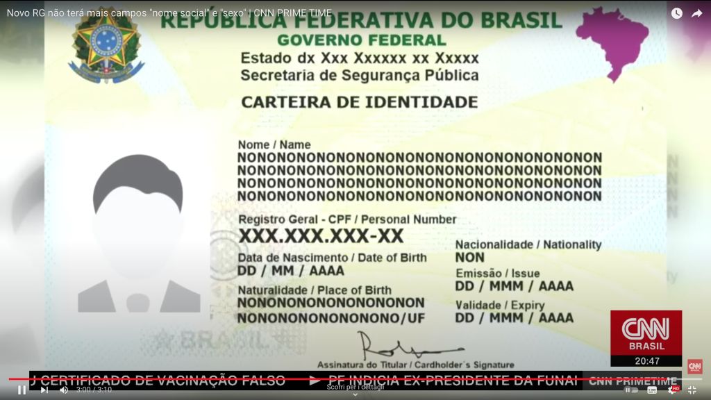 Brasile: Nuova Carta d'Identità senza “sesso” e “nome sociale”