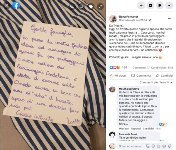 Prende la Federa per proteggersi dai lacrimogeni e con una lettera di scuse la restituisce